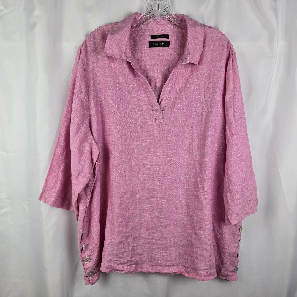 Tahari 100% Linen Pink 3/4 Sleeve V-Neck Lagenlook Tunic Top Plus Size 3X